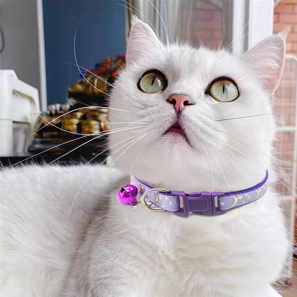 Bom, Bonito e Barato! ✨ Coleira Ajustável para Gatos – Estampa Estrelas & Lua + Guizo Charmoso