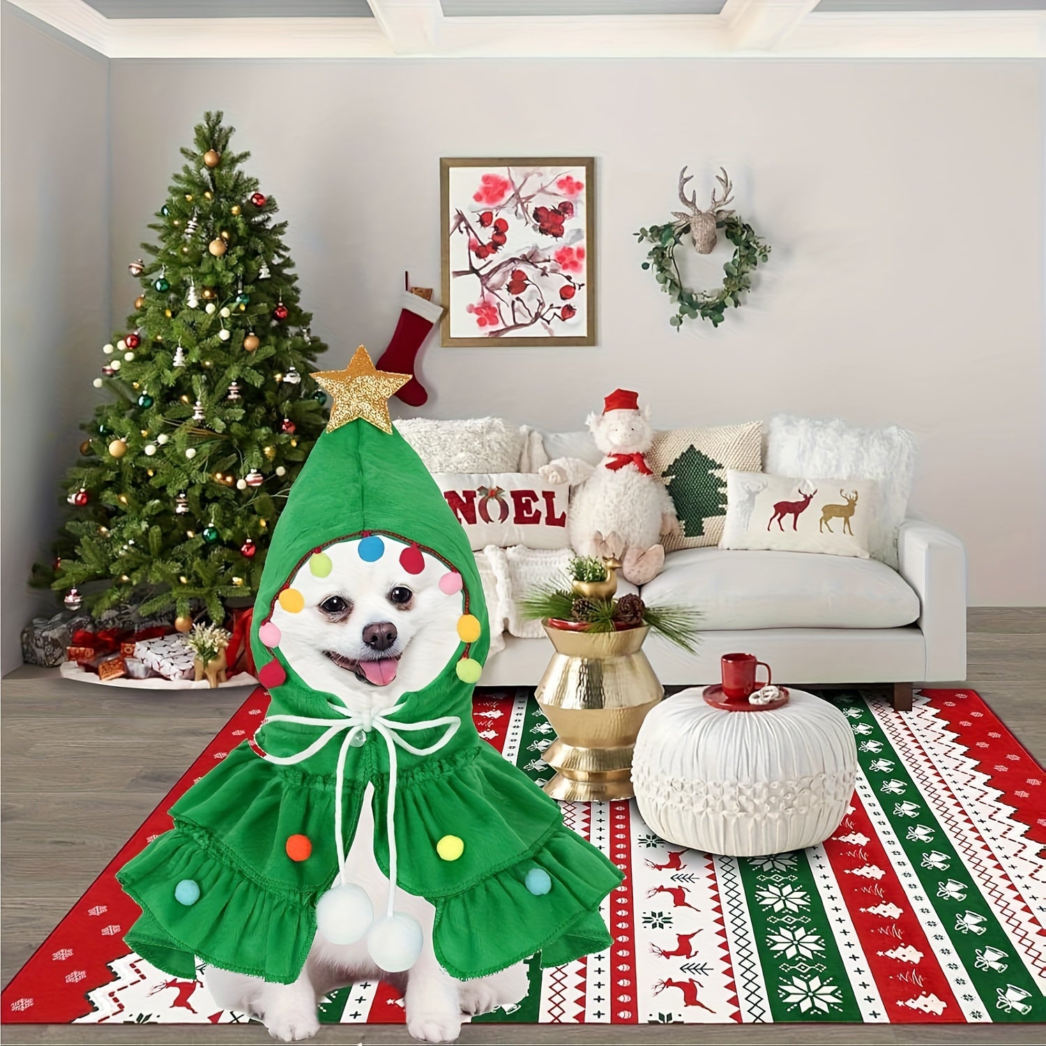 Fantasia de Árvore de Natal para Pets – Verde e Vermelho com Gravata