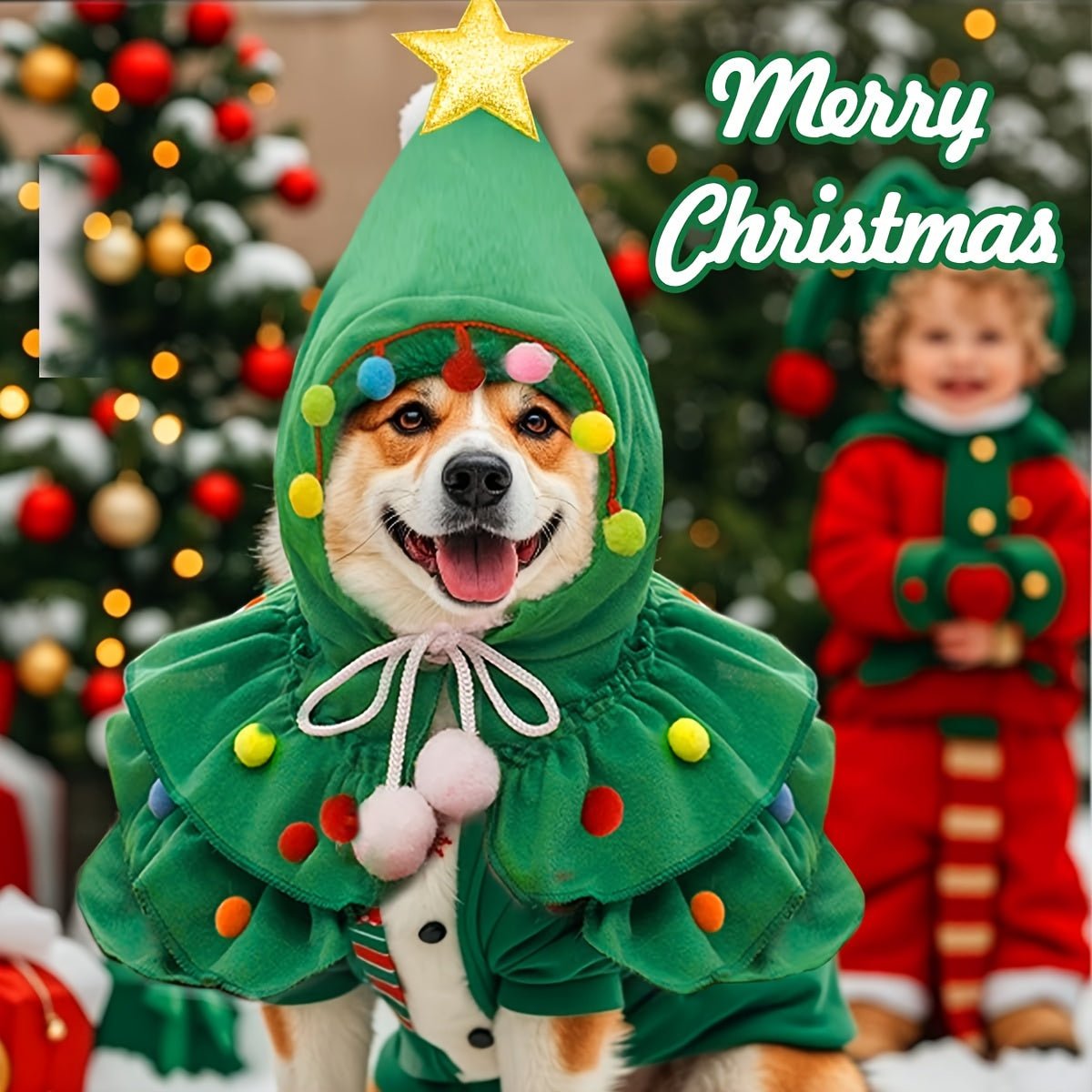 Fantasia de Árvore de Natal para Pets – Verde e Vermelho com Gravata