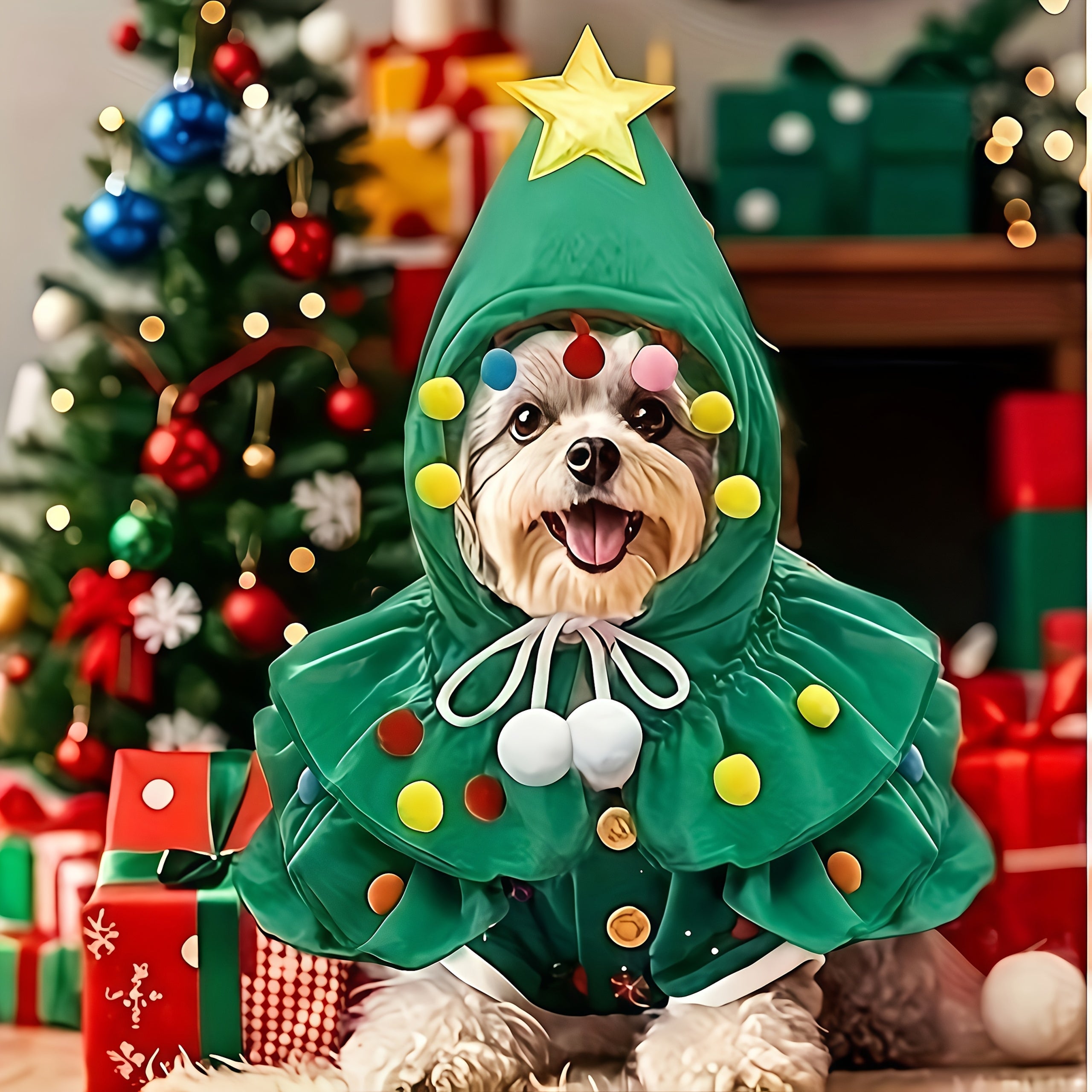 Fantasia de Árvore de Natal para Pets – Verde e Vermelho com Gravata