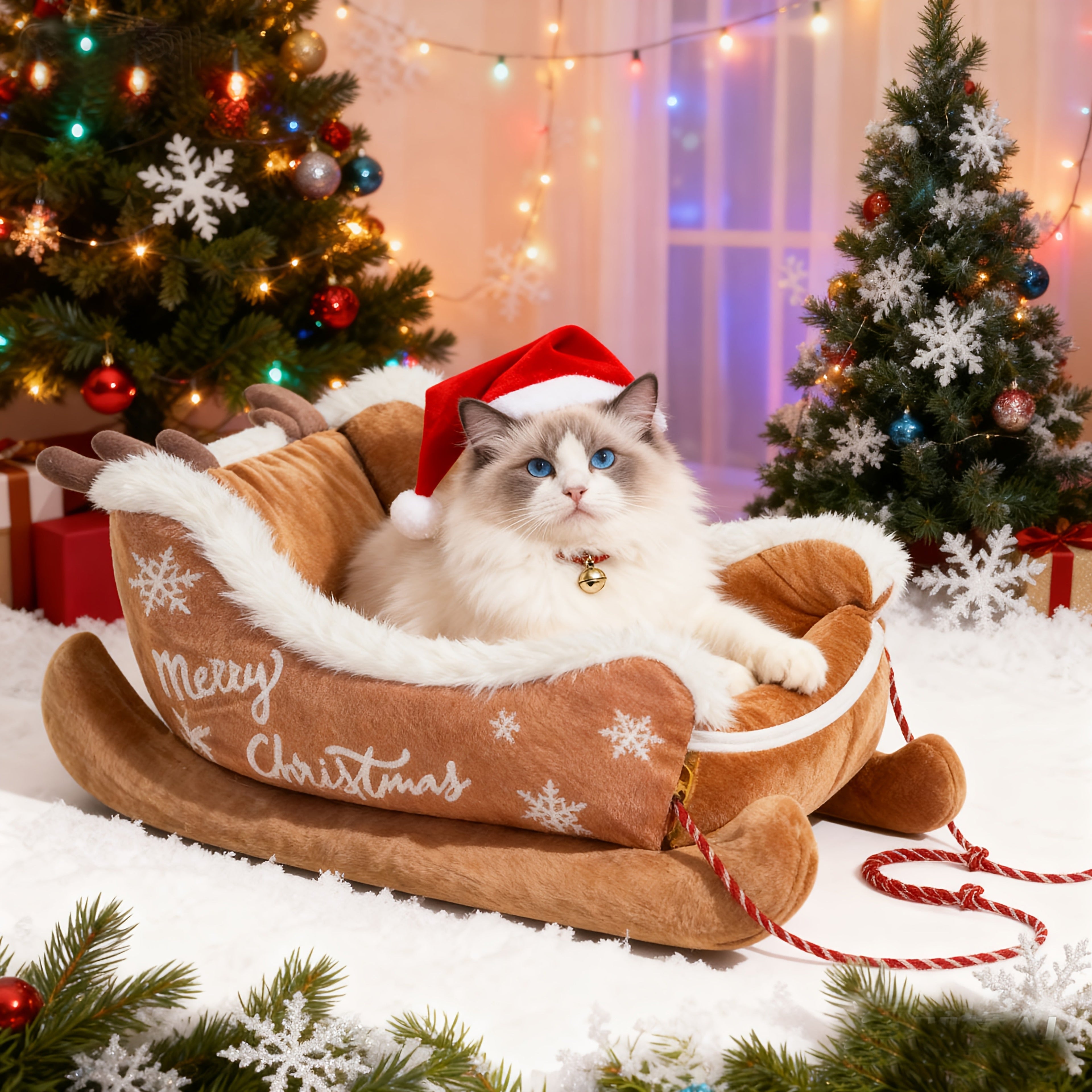 Casa Natalina Aconchegante para Pets – Caminha de Inverno Super Macia em Formato de Trenó