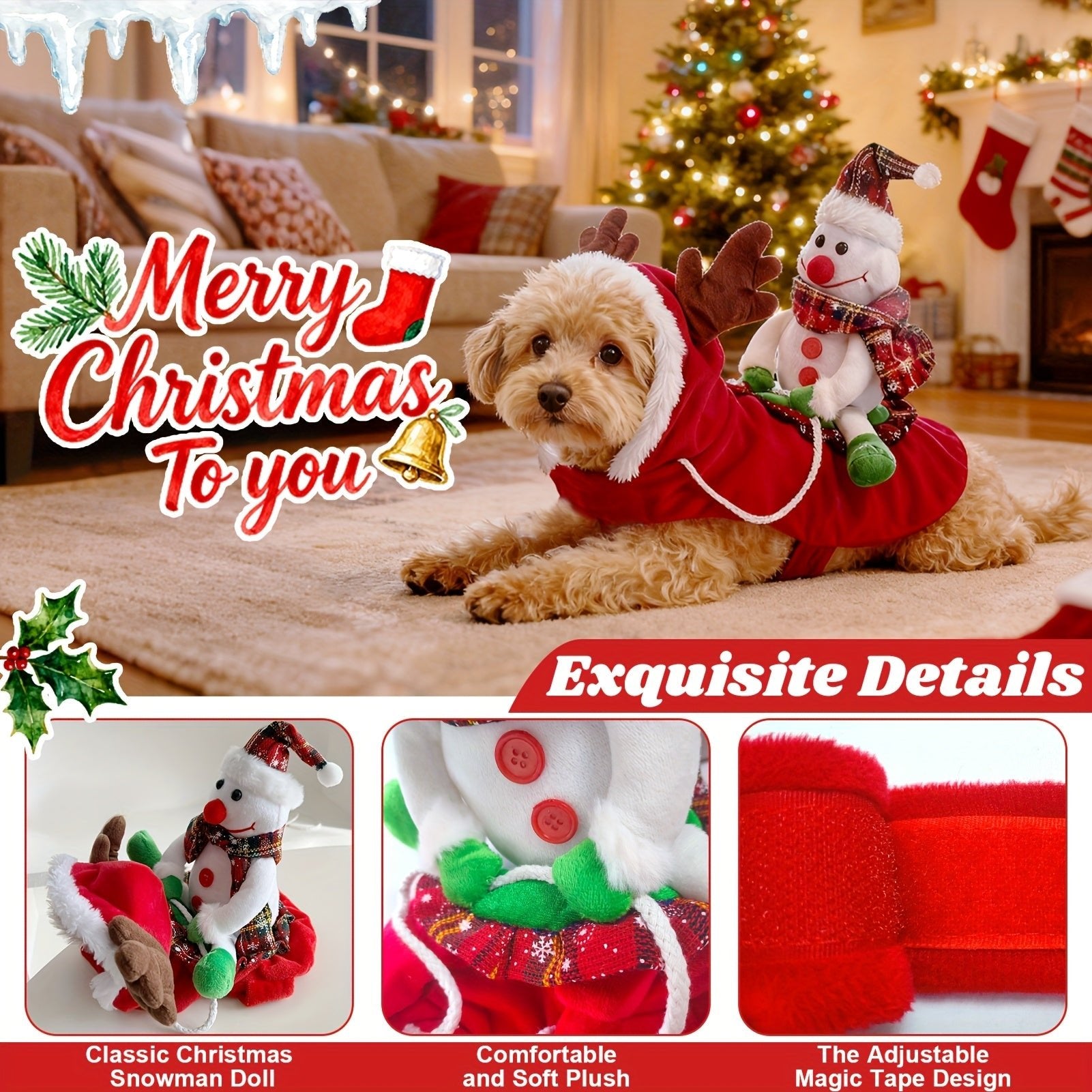 Fantasia de Natal Ajustável para Cães – Papai Noel e Boneco de Neve